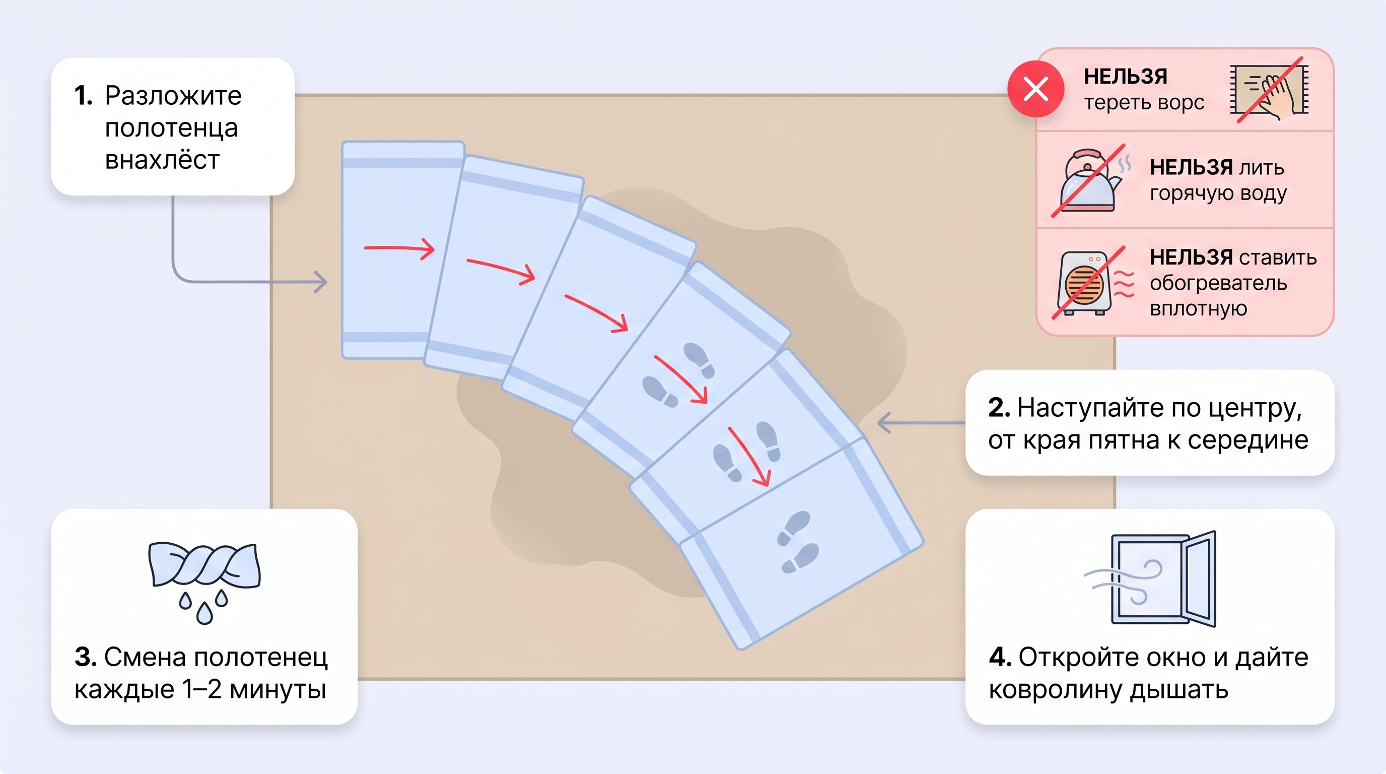 Вид сверху на участок ковролина с мокрым пятном и несколькими полотенцами, уложенными внахлест от края пятна к середине. Поверх нанесены стрелки, показывающие направление движения