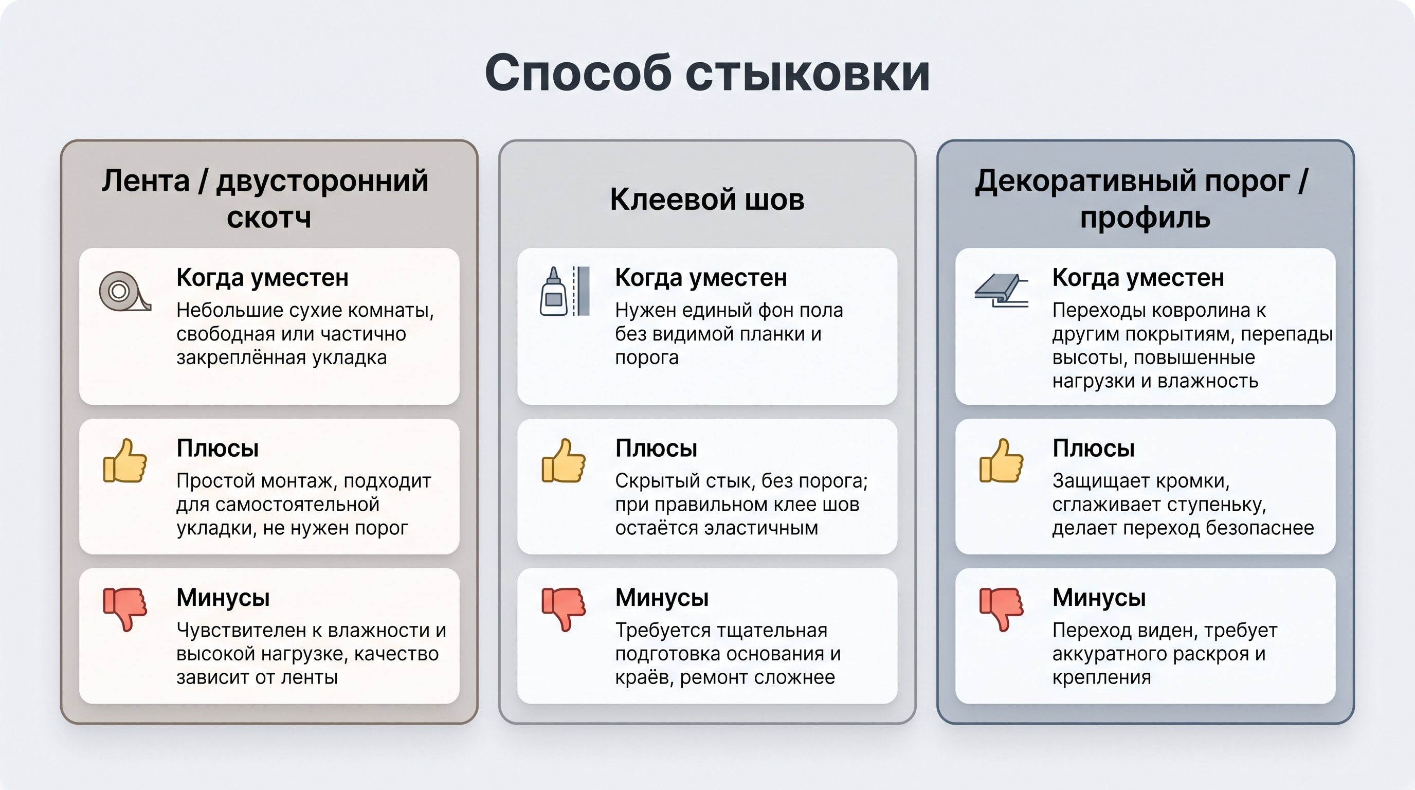 Горизонтальное сравнение трёх способов стыковки ковролина в виде аккуратных карточек на светлом фоне с тонкими серыми границами и мягко скруглёнными углами, стилизованных под