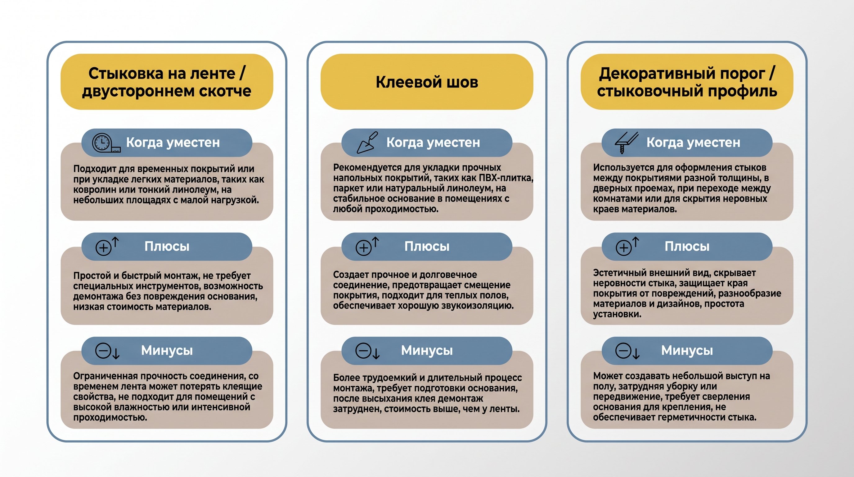 Горизонтальная инфографика из трёх колонок на светлом фоне с тонкими серыми рамками и мягко скруглёнными углами, каждая колонка посвящена одному способу стыковки ковролина. Вверху