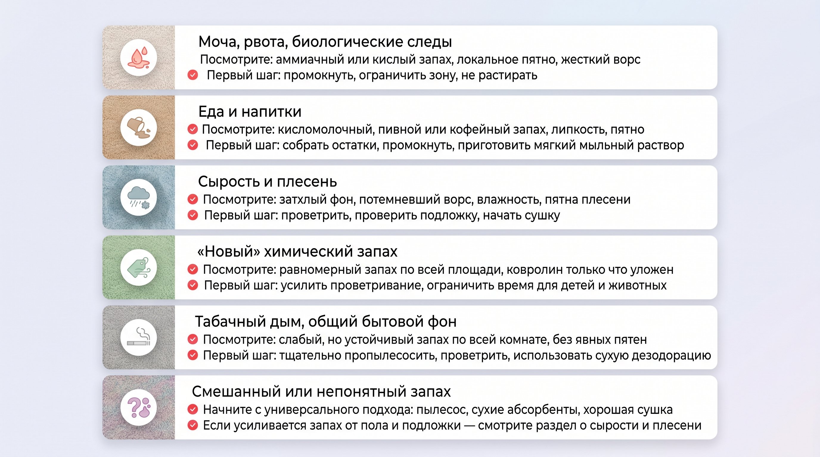 Вертикально ориентированная визуальная памятка: слева простые иконки/мини-сцены запахов на ковролине, справа короткие текстовые пункты с подсказками «на что посмотреть» и «первый